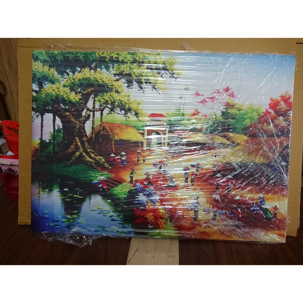 Tranh in sơn dầu không khung Cảnh chợ quê KT 80 x 50 cm