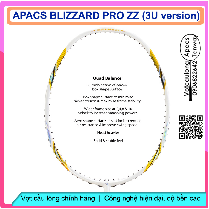 Vợt cầu lông Apacs Blizzard Pro ZZ - 3U | Vợt 3U thân đũa thế hệ mới, đũa chỉ 6.2mm, nặng đầu chuyên công, khung đan 17kg