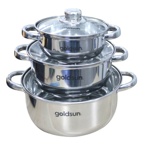 Bộ Nồi Inox 3 Đáy Vung Kính Goldsun GE35-3306SGMT (16-20-24cm) Dùng Mọi Bếp - Chính Hãng