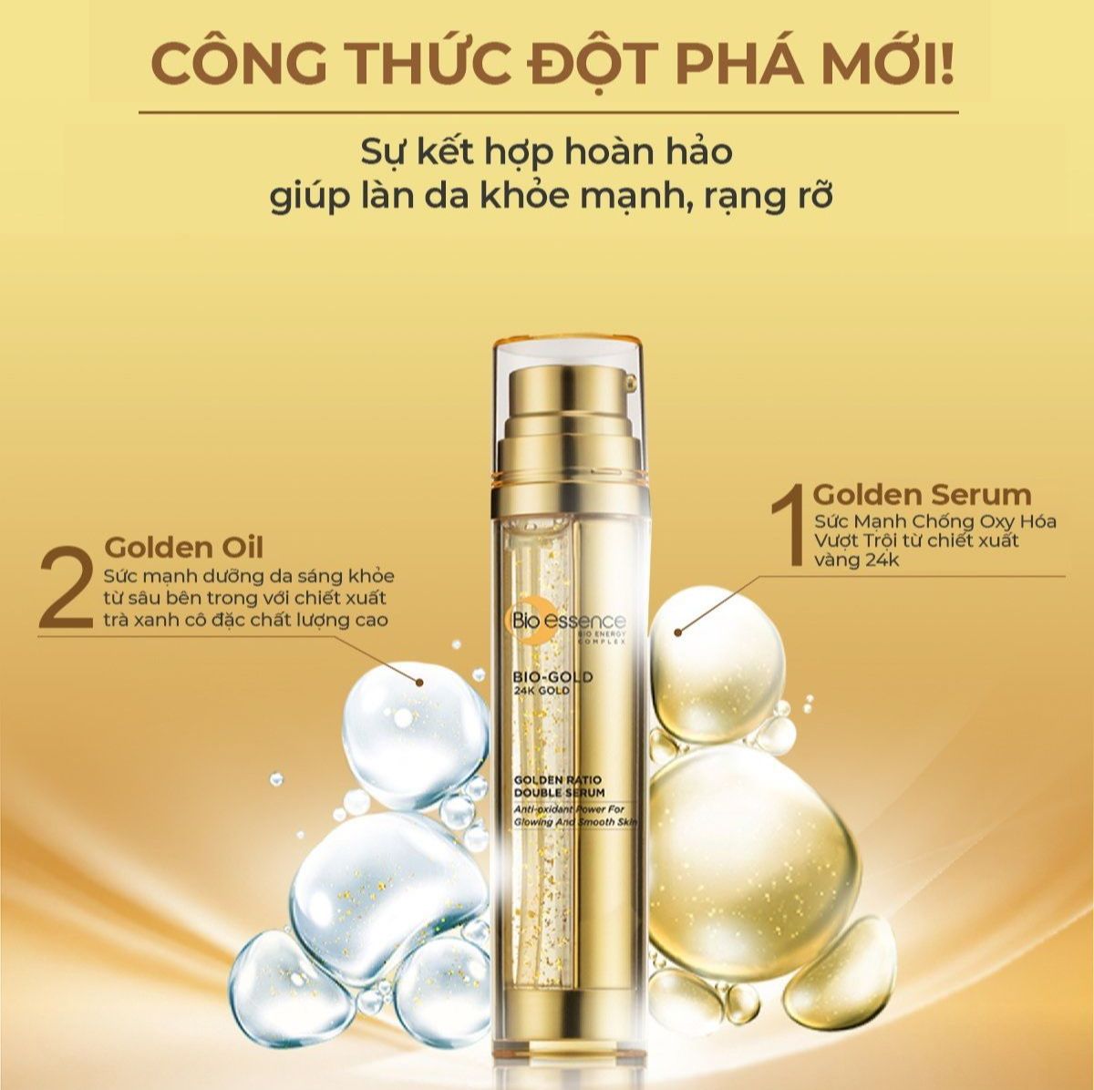 Tinh chất tái tạo phục hồi &amp; ngăn ngừa lão hóa chuyên sâu Bio-essence Bio-Gold Double Serum chiết xuất vàng 24K &amp; trà xanh cô đặc 36g