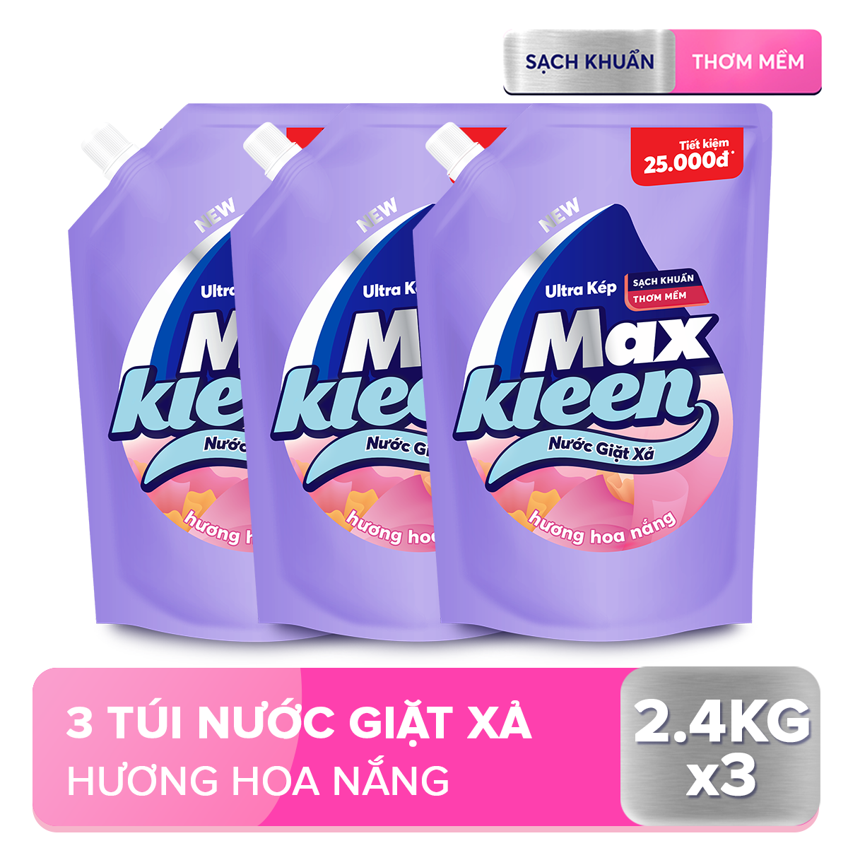 Combo 3 Túi Nước Giặt Xả Maxkleen Hương Hoa Nắng (2.4kg/túi)