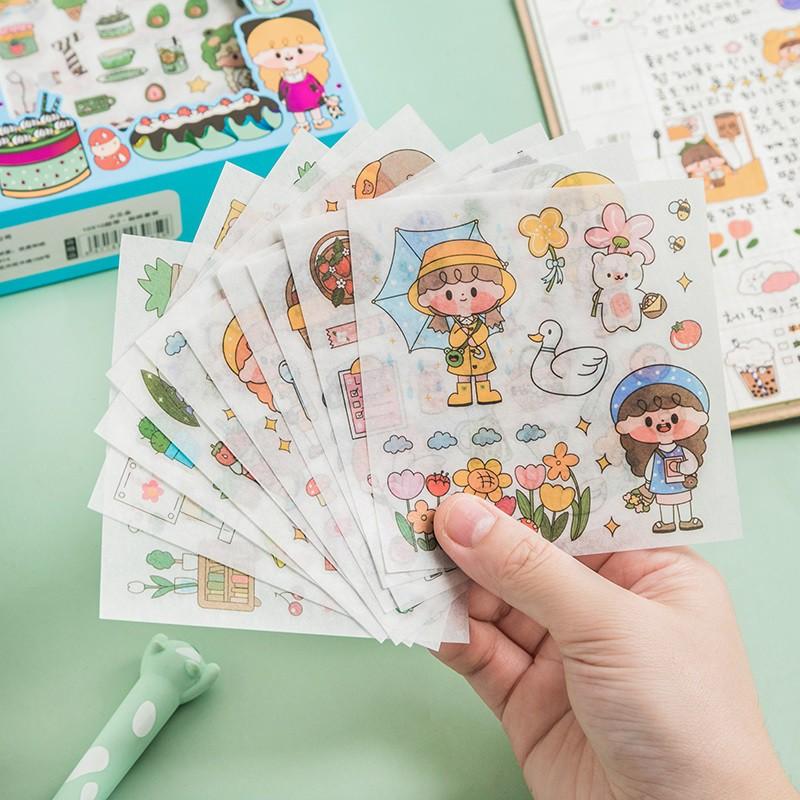 Hộp 10 Cuộn Washi Tape Dễ Thương và 10 Tờ Hình Dán Stickers Trang Trí Sổ Hoạt Hình Anime Xinh Xắn