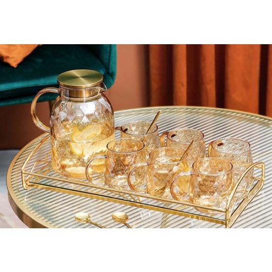 Bộ bình đựng nước uống thủy tinh màu vàng golld sang trọng vân karo chéo ( không bao gồm khay và giáp úp)
