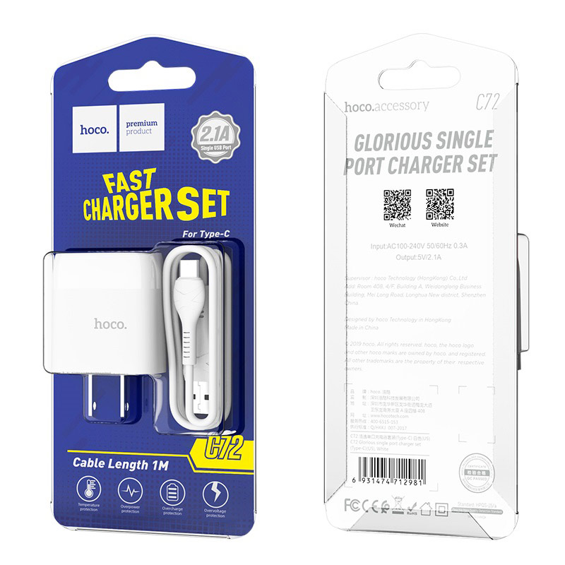 Bộ Củ Sạc Hoco C72 Type C - hàng chính hãng