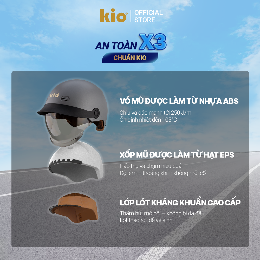 Mũ Bảo Hiểm Nửa Đầu Kio SafeStyle Metro KN10K, Kính Âm Phủ Nano Chống Tia UV, Lưỡi Trai, Thông Gió - Xám titan (nhám)