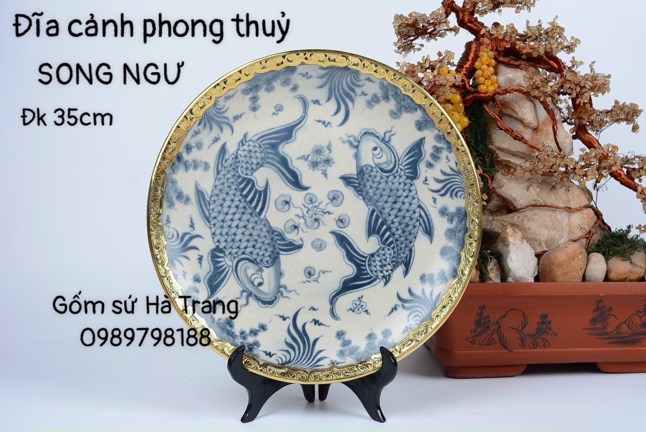 Đĩa cảnh gốm sứ Bát Tràng cao cấp men rạn hoạ tiết song ngư đường kính 35cm