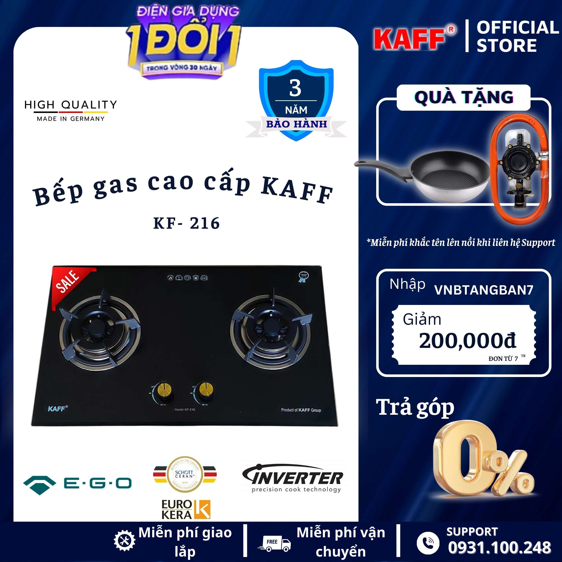 Bộ Bếp ga âm KAFF KF- 216 bao gồm: Bếp ga + chảo chống dính cao cấp + bộ van ga - Hàng chính hãng