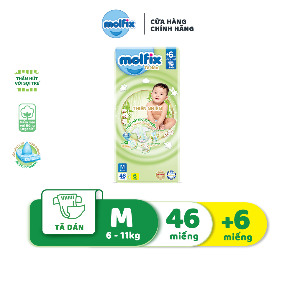 Tã/bỉm dán Molfix Thiên nhiên Jumbo M - Gói 46+6 miếng