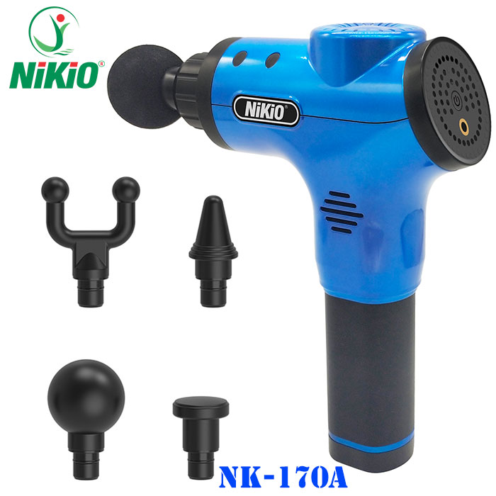 Súng Massage Cầm Tay Nikio NK-170A - Kỹ Thuật Mát Xa Gõ Hiện Đại, Tác Động Sâu, Hỗ Trợ Giãn Cơ Toàn Thân - 4 Đầu Thay Thế, 6 Cấp Độ Mát Xa, Pin Sạc Không Dây 2000 mAh