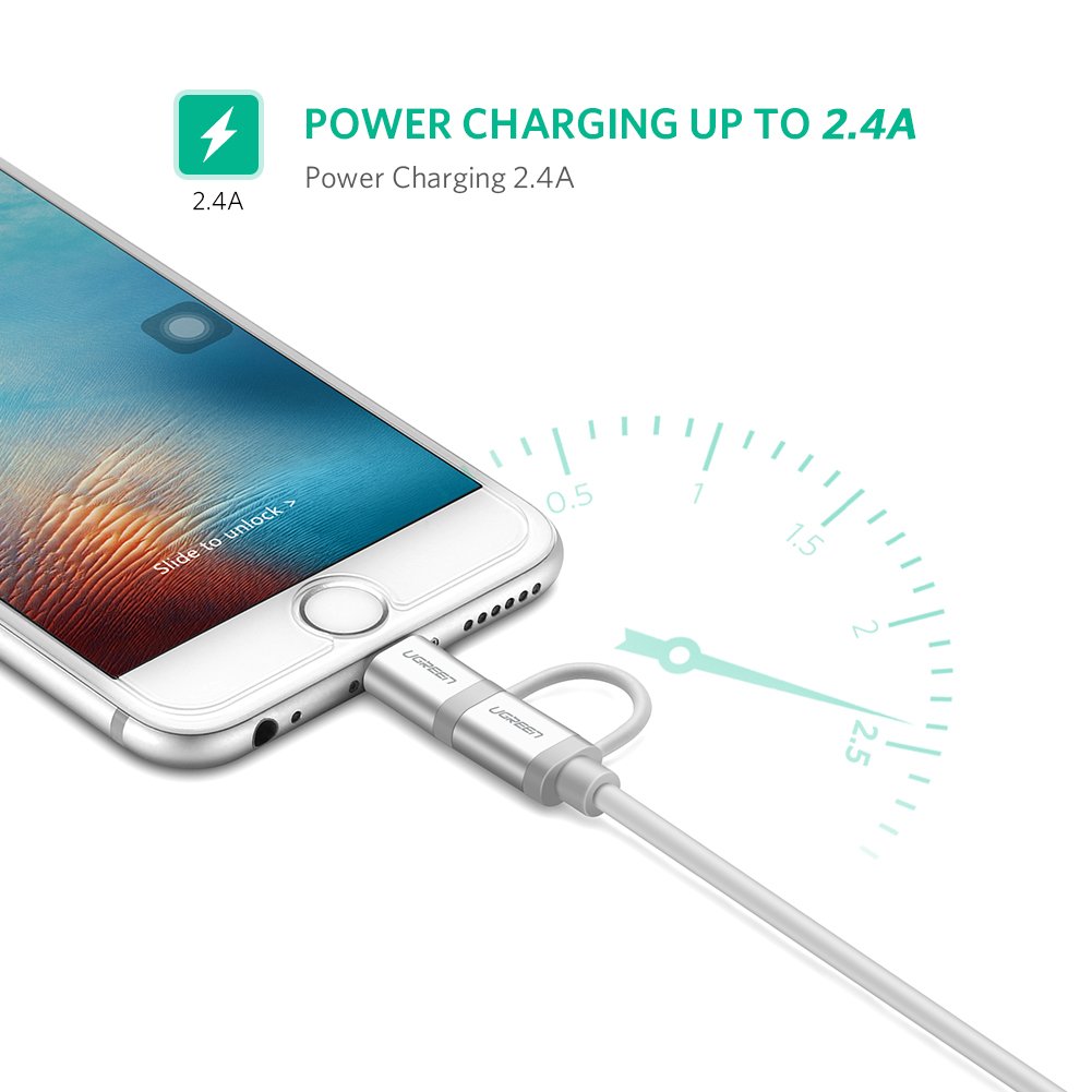 Cáp sạc điện thoại, smartphone 2 trong 1 Ugreen 20749 dài 1.5m chuẩn Micro USB và Lightning, sợi dây dầy, 3 đầu bọc aluminium - Hàng Chính Hãng