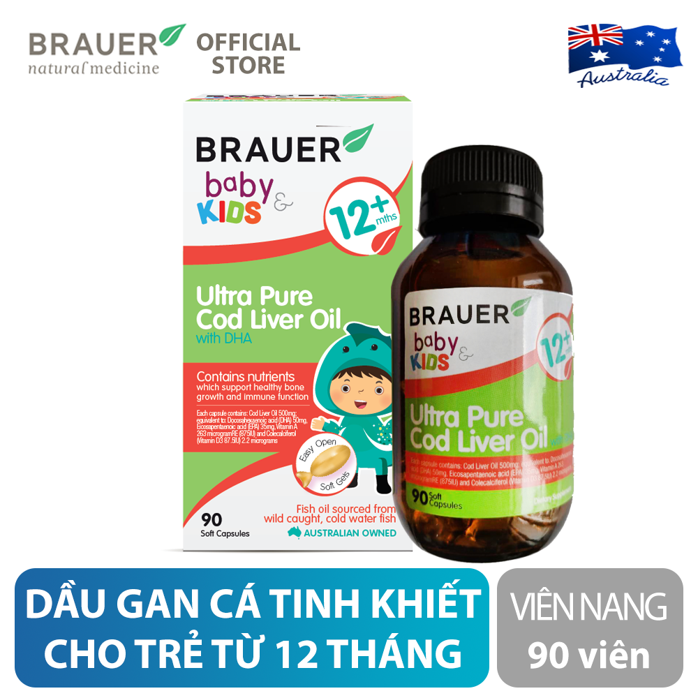 DHA dầu cá tuyết tinh khiết cho trẻ sơ sinh, trẻ nhỏ Brauer DHA Úc giúp phát triển trí não, tăng khả năng tập trung, cải thiện thị lực-OZ Slim Store