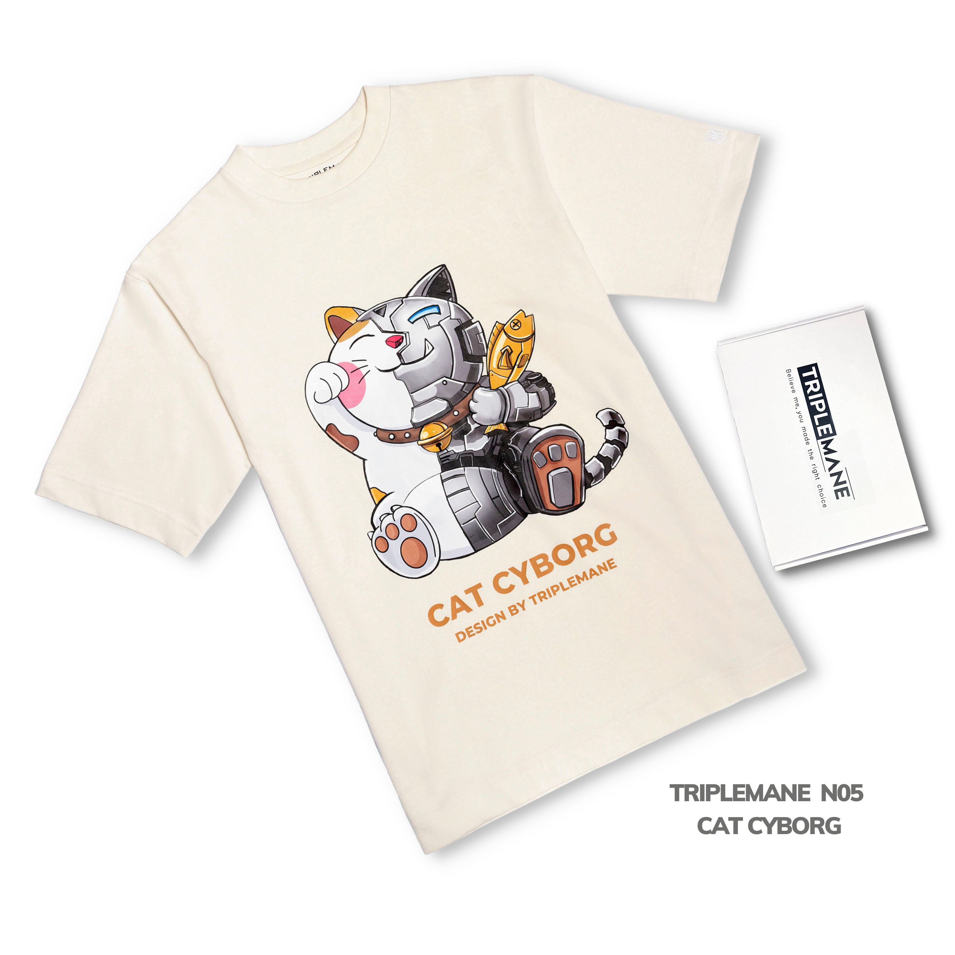 Áo thun cộc tay nam nữ Unisex N05 Cat cyborg / Cream- vải 100% Cotton Premium thoáng mát không bai xù, co giãn 2 chiều, định lượng lên đến 260gsm