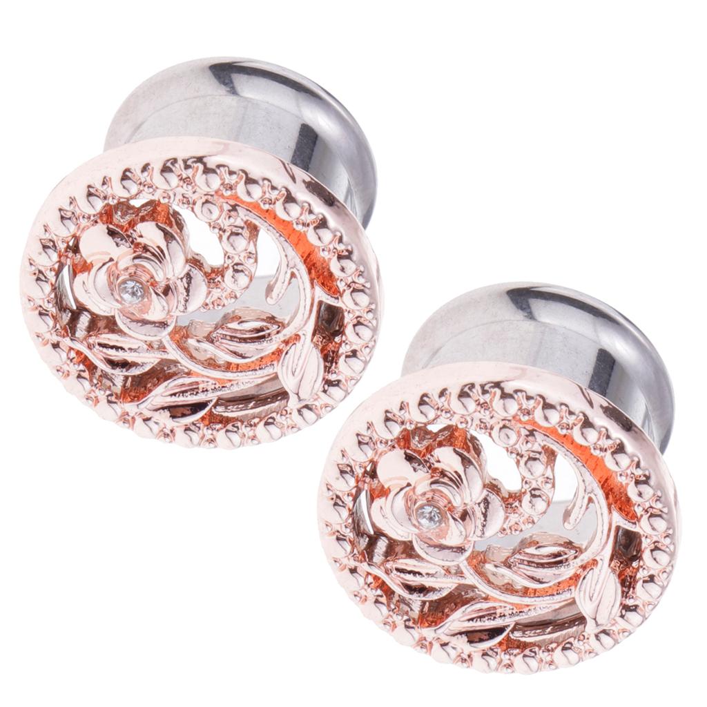 2pcs Fancy Rose Gold Flower Ear Plug Tunnel Stainless Steel Ear Jewelry 6mm
