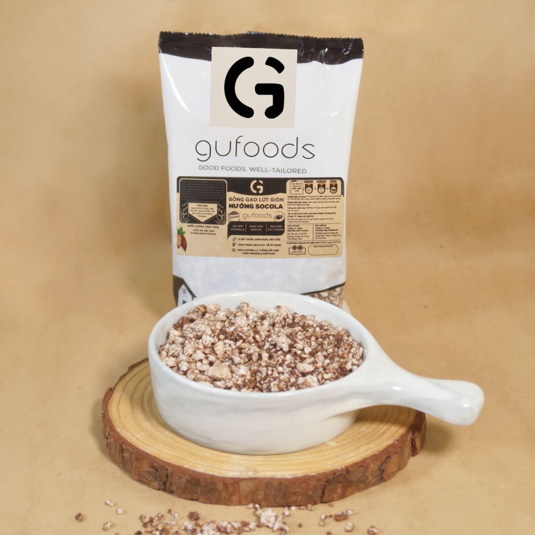 Bỏng gạo lứt giòn nướng socola GUfoods - Ăn kèm granola, Giòn xốp đậm đà, Giàu chất xơ, Thuần chay, Eat clean