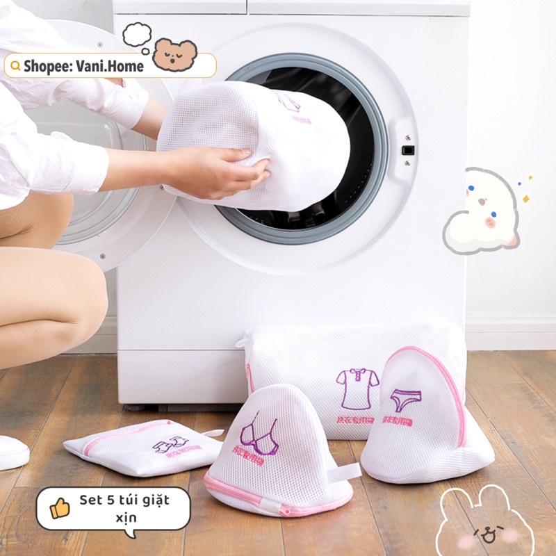 Set 5 túi lưới giặt đồ máy giặt loại xịn dày dặn thêu hoạ tiết - Combo 5 túi giặt đồ giữ form quần áo, đồ lót nhiều size