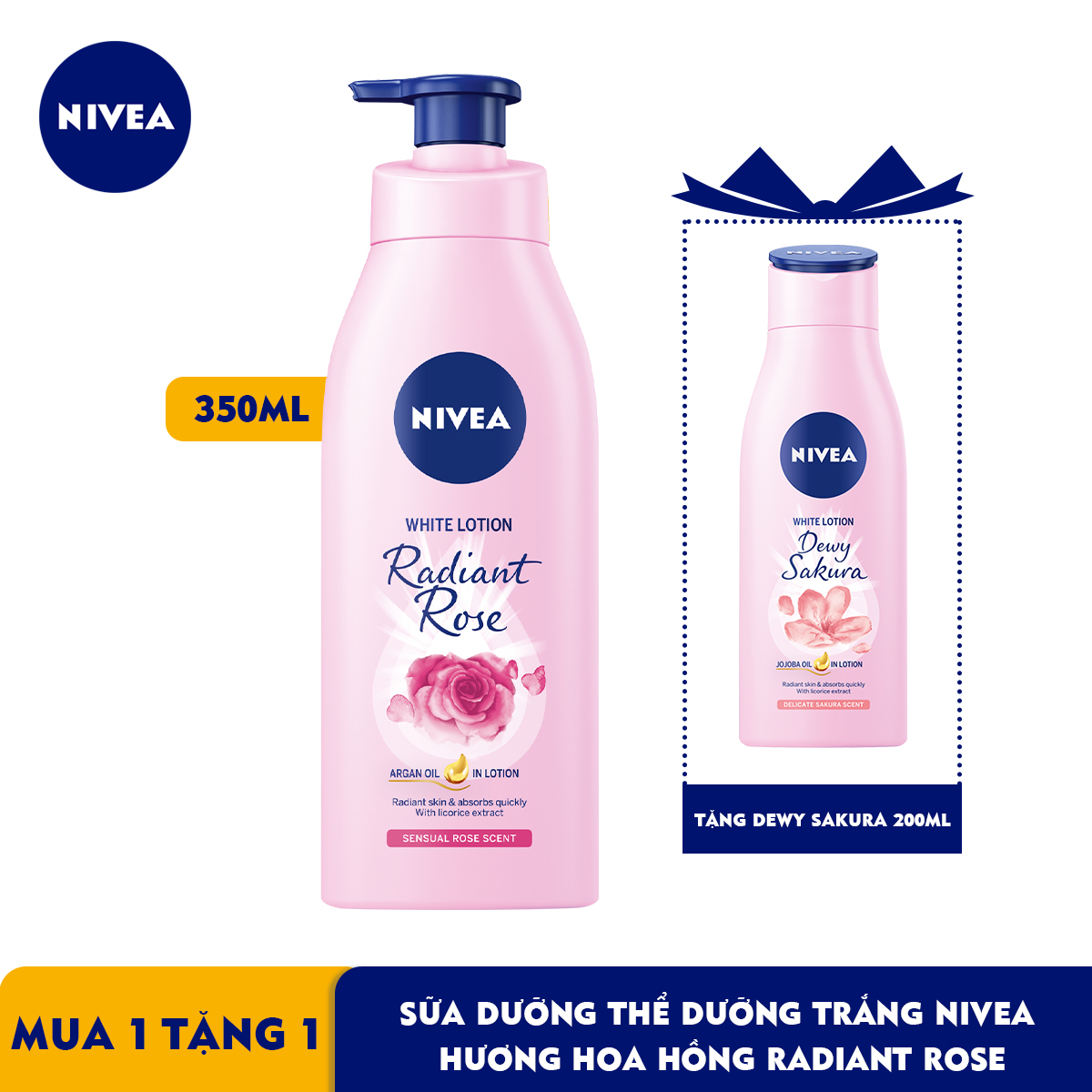 [Mua 1 tặng 1] Tặng Dewy Sakura 200ml - Sữa Dưỡng Thể Dưỡng Trắng NIVEA Hương Hoa Hồng Radiant Rose (350ml) - 85707