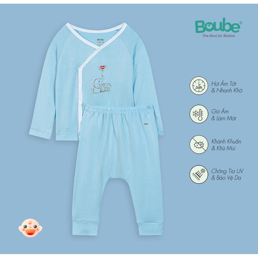 Bộ quần áo dài tay cúc bấm chéo màu trơn Boube - Chất liệu Petit mềm mịn - Size Newborn dành cho bé từ 0-3M