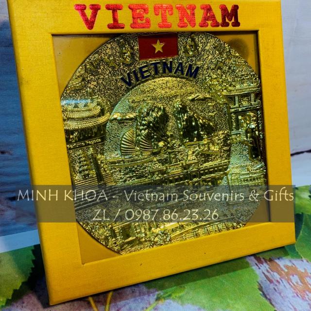 Đĩa Kim Loại Trạm Nổi Địa Danh Việt Nam Mạ Đồng Vàng 14 cm