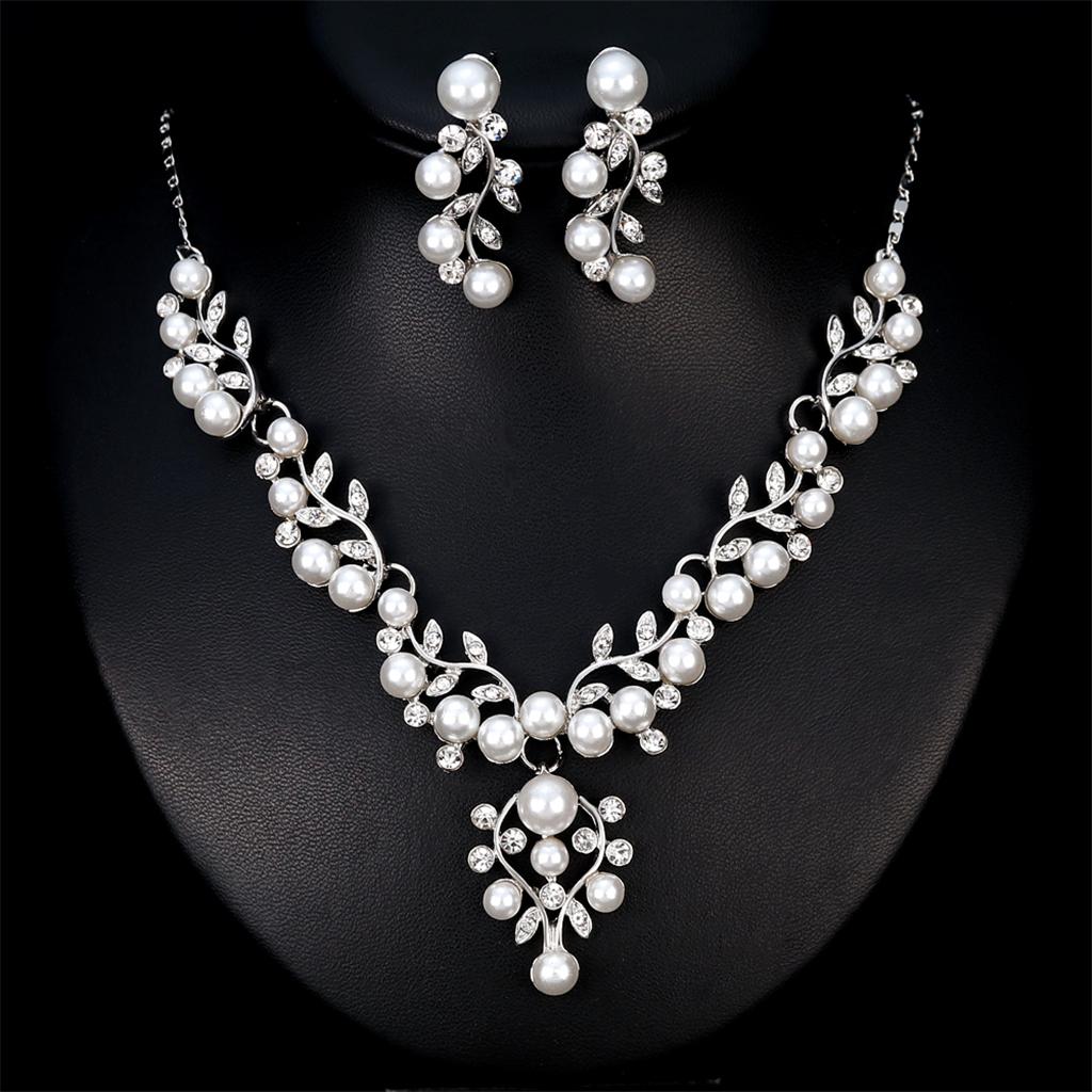 Crystal Rhinestone Pearl Flower Leaf Necklace Earrings Set Wedding Jewelry