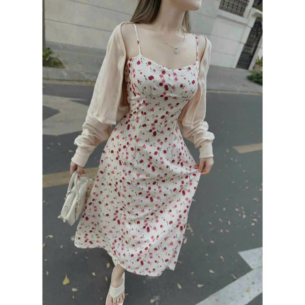 Sét đầm midi xốp hoa 2s kèm áo khoác thun hot trend