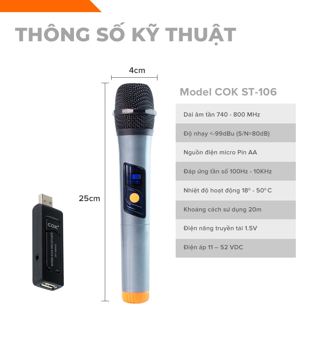 Micro không dây lẻ giá rẻ C.O.K ST-106 (1 Mic) Dành cho loa kéo, dàn âm Ly có cổng Mic Jack 6.5 - Hàng chính hãng 100%