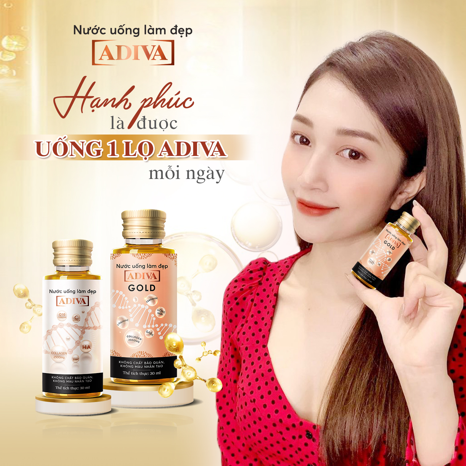 2 Hộp Nước Uống Làm Đẹp Collagen ADIVA Gold (14 Chai/Hộp) + 1 Hộp Viên Uống Trắng Da White ADIVA 60 Viên