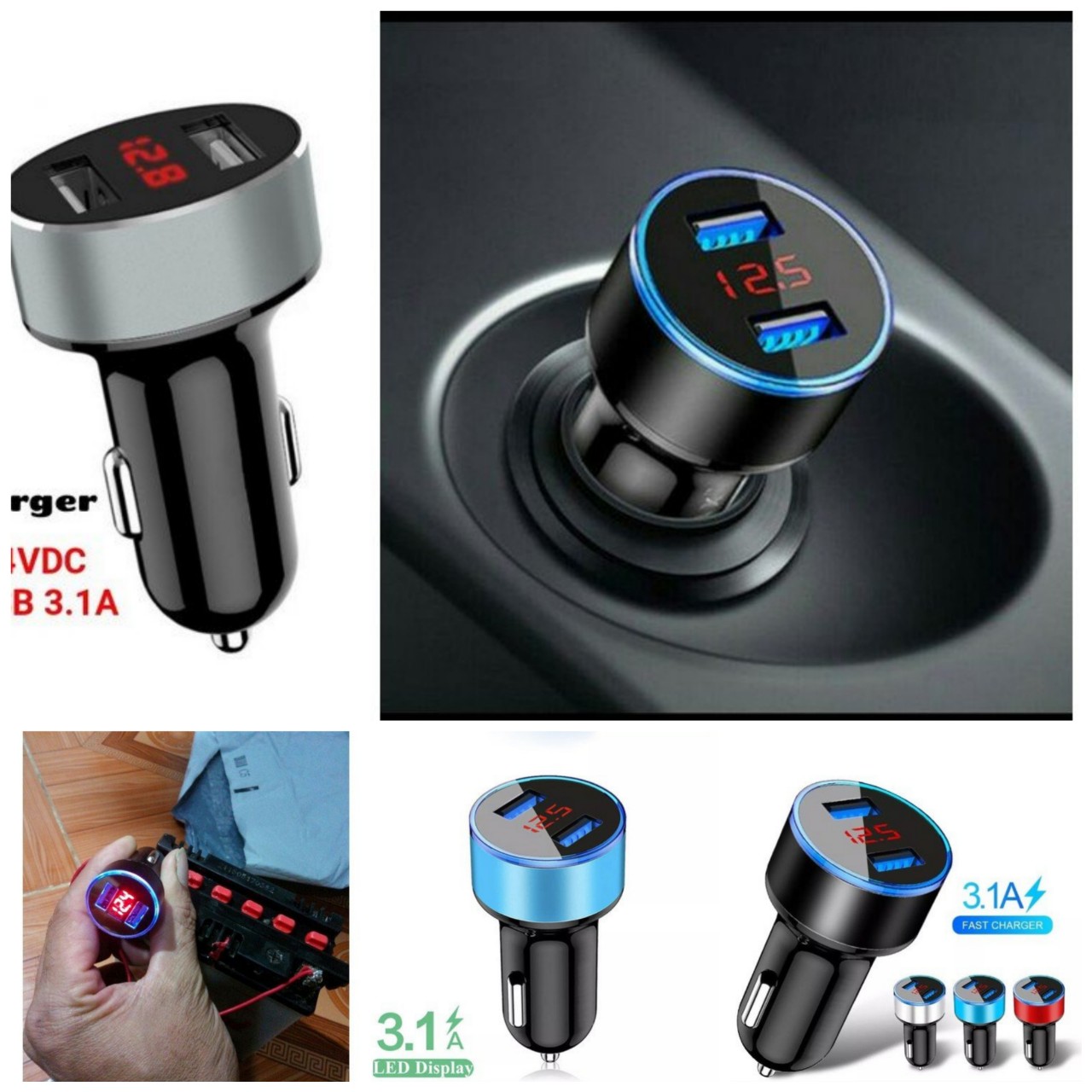 Tẩu cốc sạc nhanh 2 cổng ô tô xe hơi kèm đồng hồ báo vôn ắc quy 12v-24v mẫu mới loại tốt dùng các loại xe