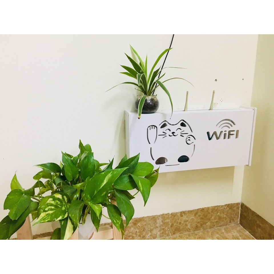 Kệ wifi treo tường HAJI hình mèo ú dễ thương, Kệ trang trí gỗ nhựa PVC chịu lực tốt, an toàn, bền, không cần khoan D345