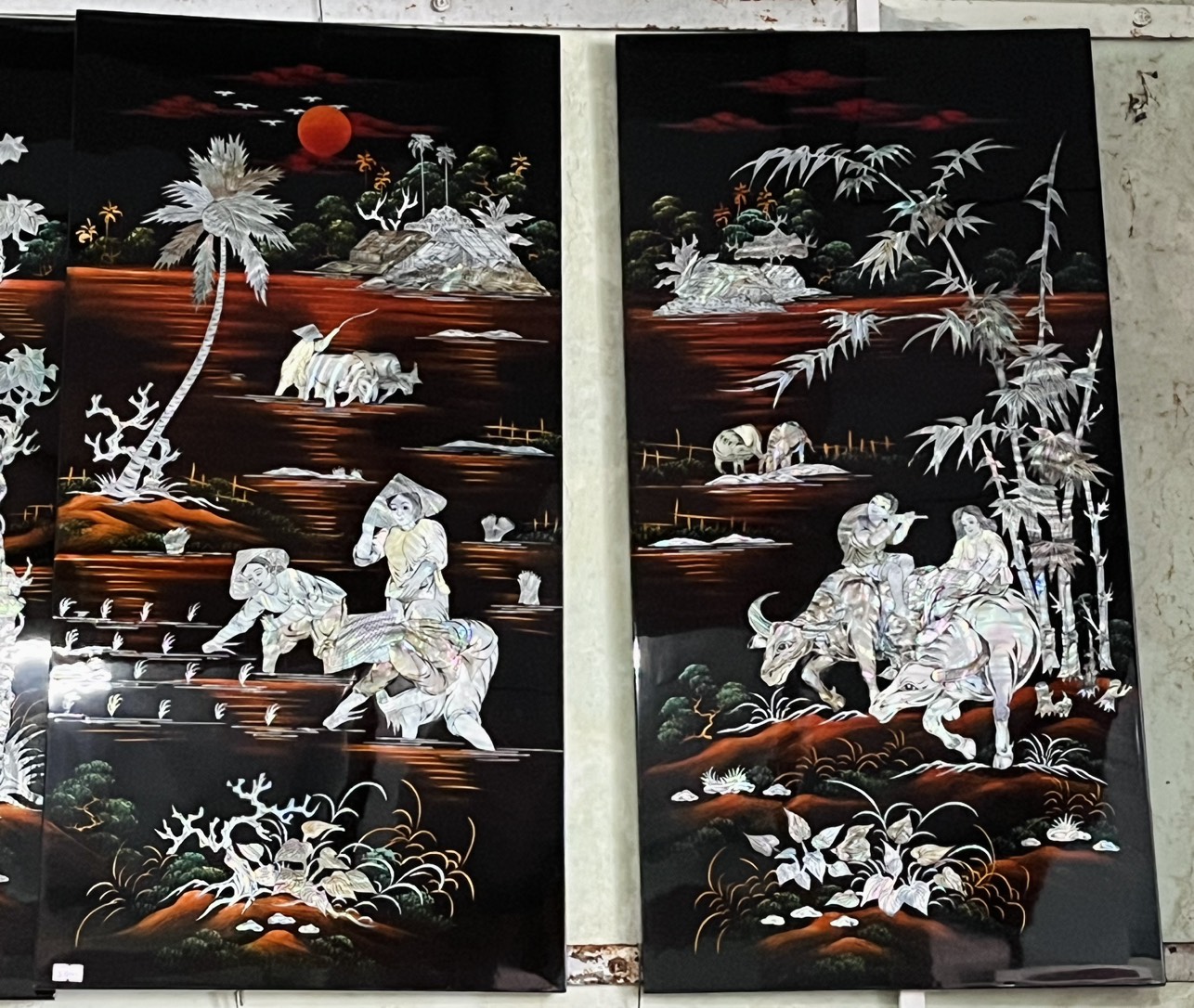 Bộ Tranh Sơn Mài 4 Tấm - NGƯ TIỀU CANH MỤC | Khảm Cừ Chìm Cao Cấp | Size 80x160 cm