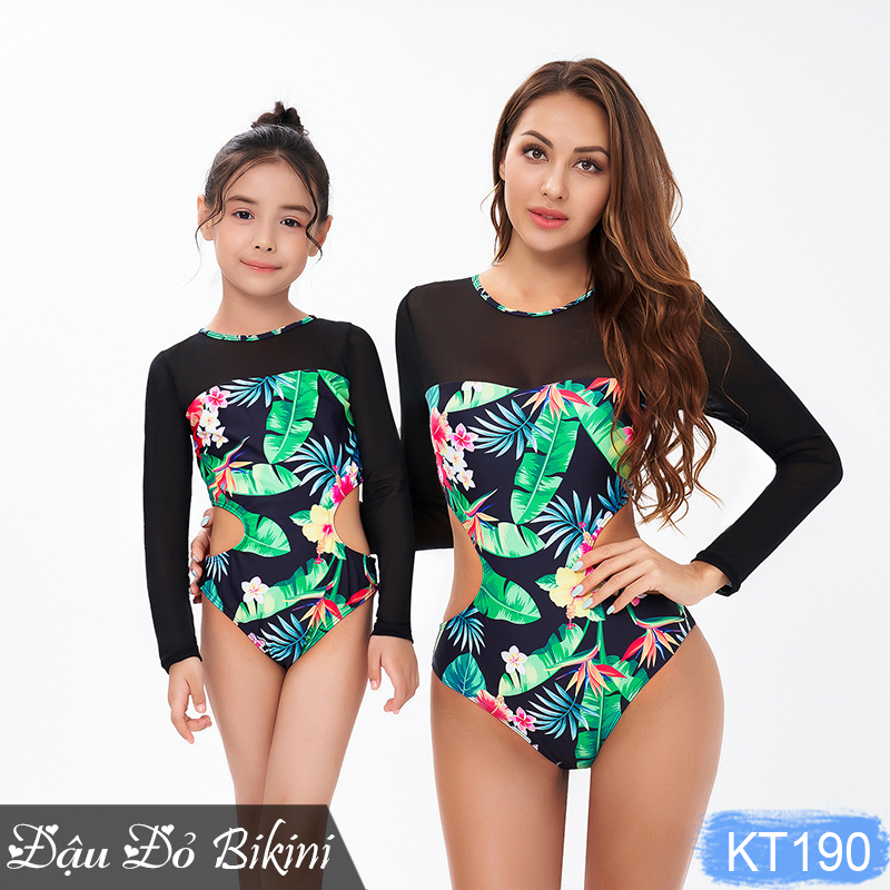 Bikini đồ bơi đôi cho mẹ và bé gái, áo tắm liền thân cặp mẹ con, kiểu Âu Mỹ gợi cảm, hoạ tiết lá hoa Hawaii tươi trẻ, chất thun bơi 2 lớp dày dặn, phom đẹp | KT190