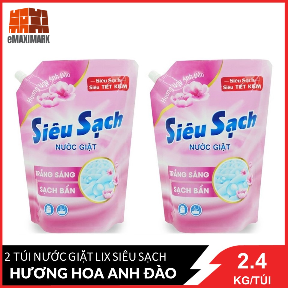 Nước giặt LIX Siêu sạch Hương hoa anh đào (Hồng) túi 2.4KGX2