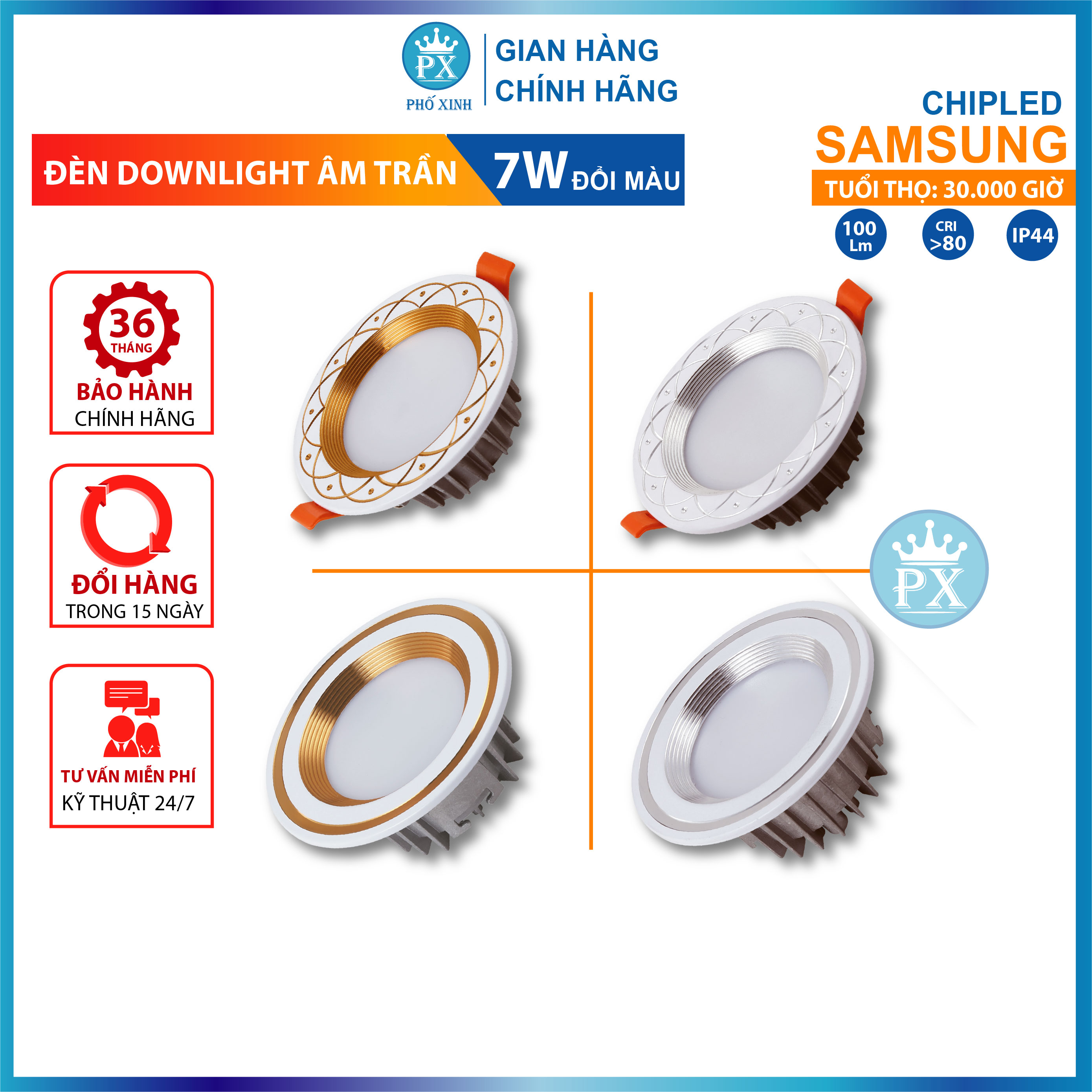 Đèn âm trần 3 chế độ sáng 7w, đèn lon cao cấp sang trọng, lỗ khoét 90mm