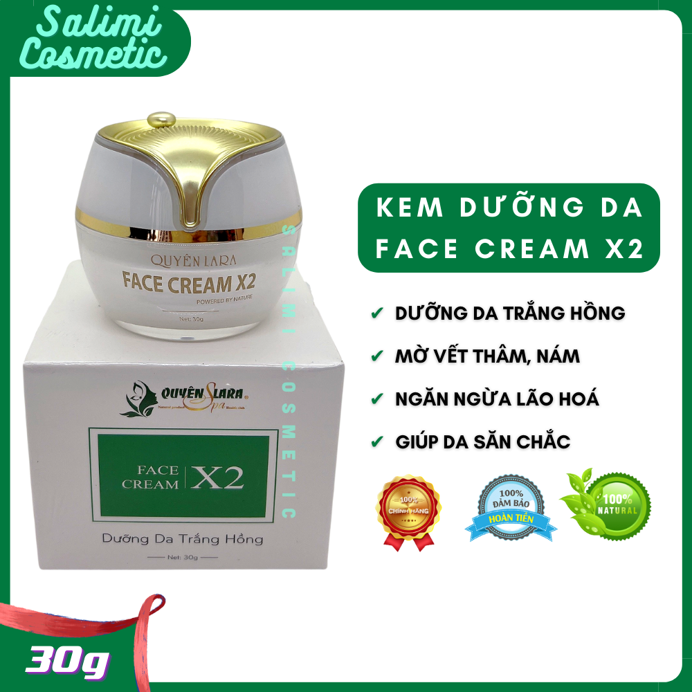 Kem Dưỡng Da FACE CREAM X2 Quyên Lara - Giúp Da Trắng Hồng, Săn Chắc, Mờ Vết Thâm Nám, Chống Lão Hóa, Tạo 1 Lớp Trang Điểm Nhẹ Nhàng Tự Nhiên | Trọng Lượng 30g - HÀNG CHÍNH HÃNG