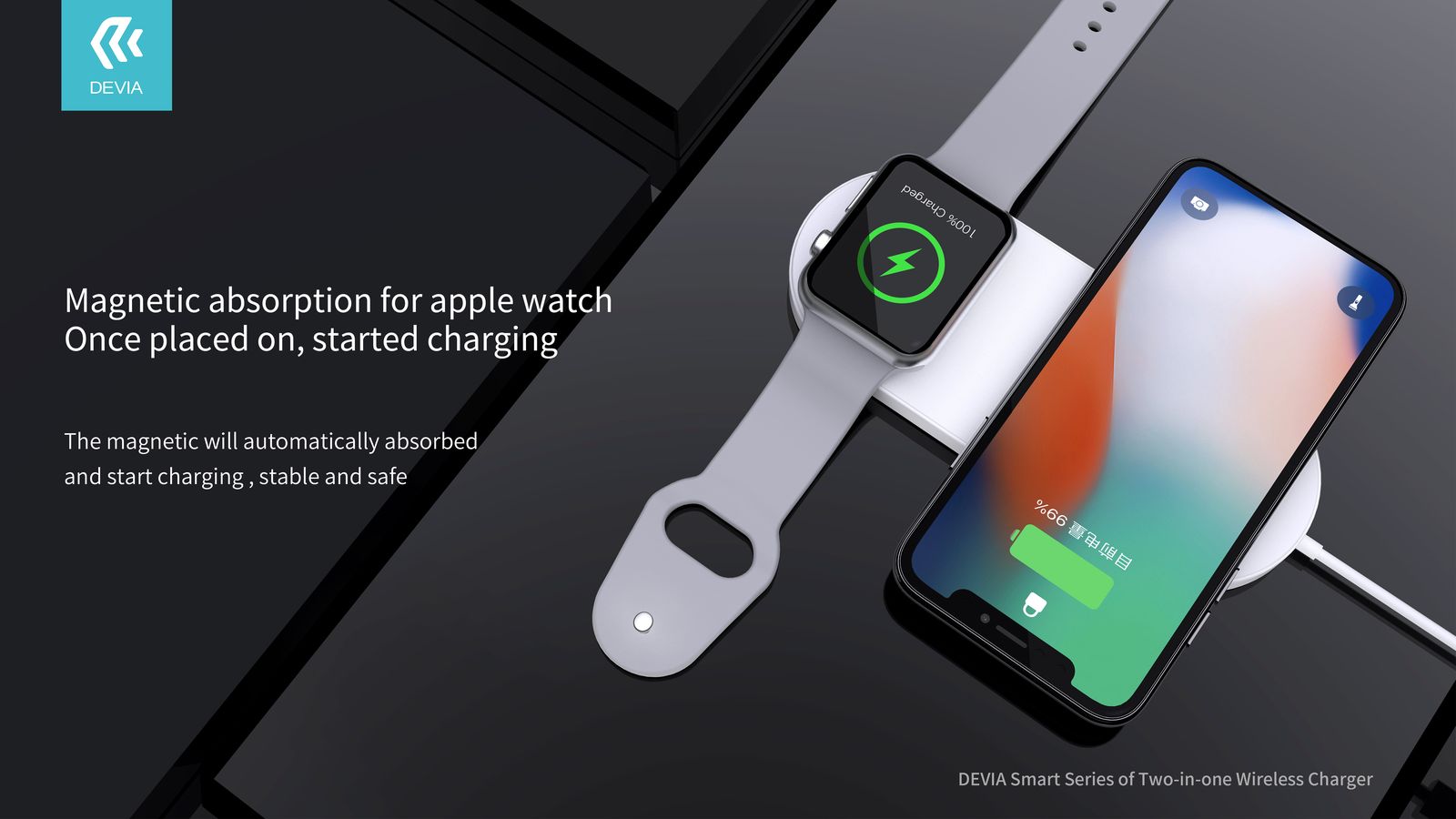 Đế sạc 2 trong 1 Devia V4 wireless  dành cho  smart phone&amp;Apple  watch  (12W) - hàng chính hãng