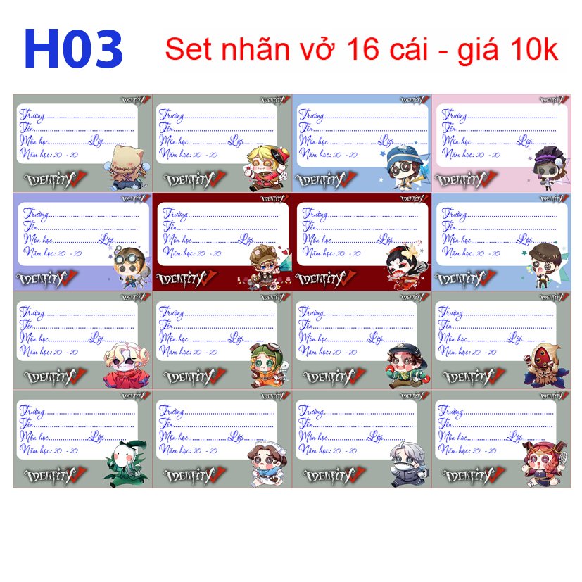 Nhãn vở set 64 Identity V