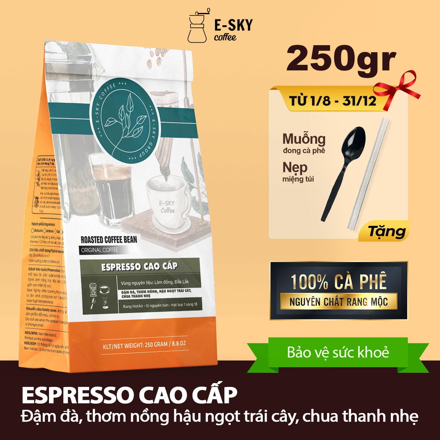 Cà Phê Rang Xay Nguyên Chất Espresso E-SKY Coffee Cafe Pha Máy 250g-500g