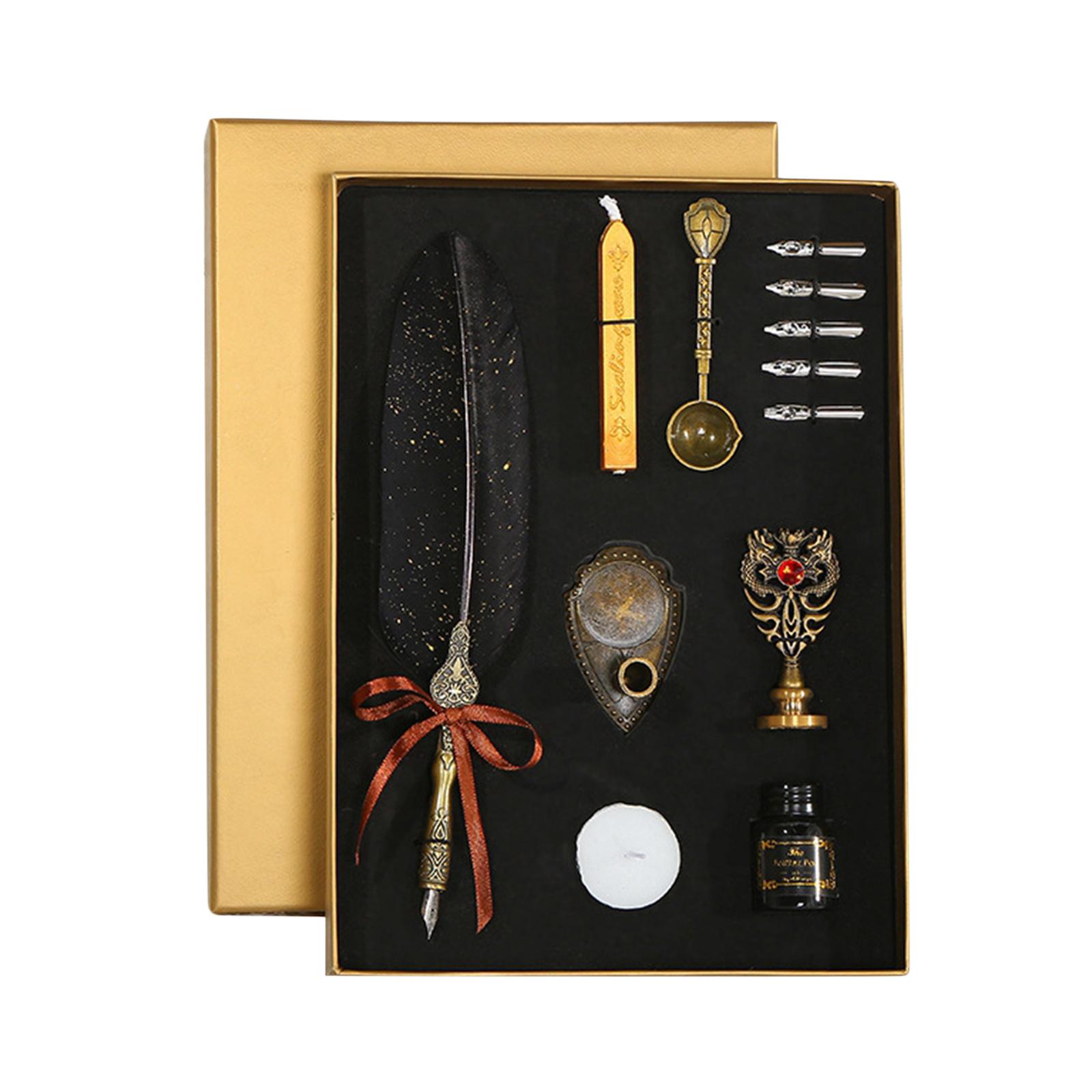 Calligraphy Feather Pen Set Feather Dip Pen Bottle of Ink Anitque White