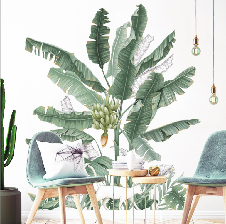 Decal trang trí tường - Chú mèo trắng và bụi chuối xanh