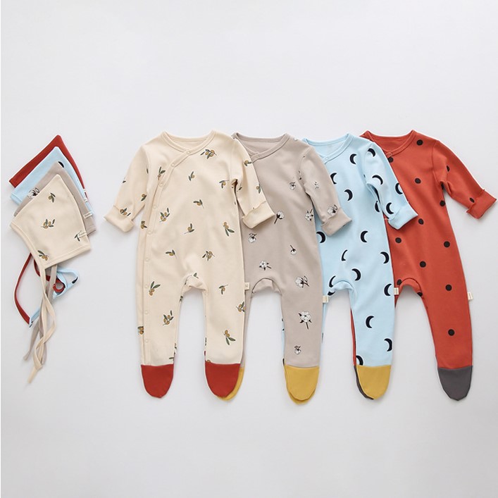 Bodysuits cotton dài tay kèm mũ cho bé sơ sinh từ 0 đến 24 tháng, style Hàn Quốc