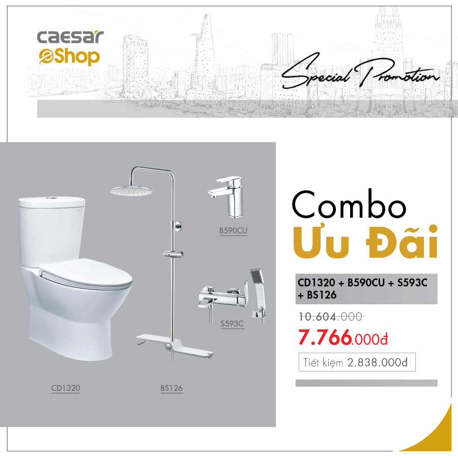 Combo sản phẩm bàn cầu+vòi lavabo+sen tắm+bộ phụ kiện sen tắm đứng - CD1320+B590CU+S593C+BS126