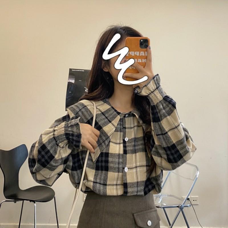 Áo sơ mi nữ kẻ caro cổ búp bê bo tay phong cách tiểu thư vintage ulzzang