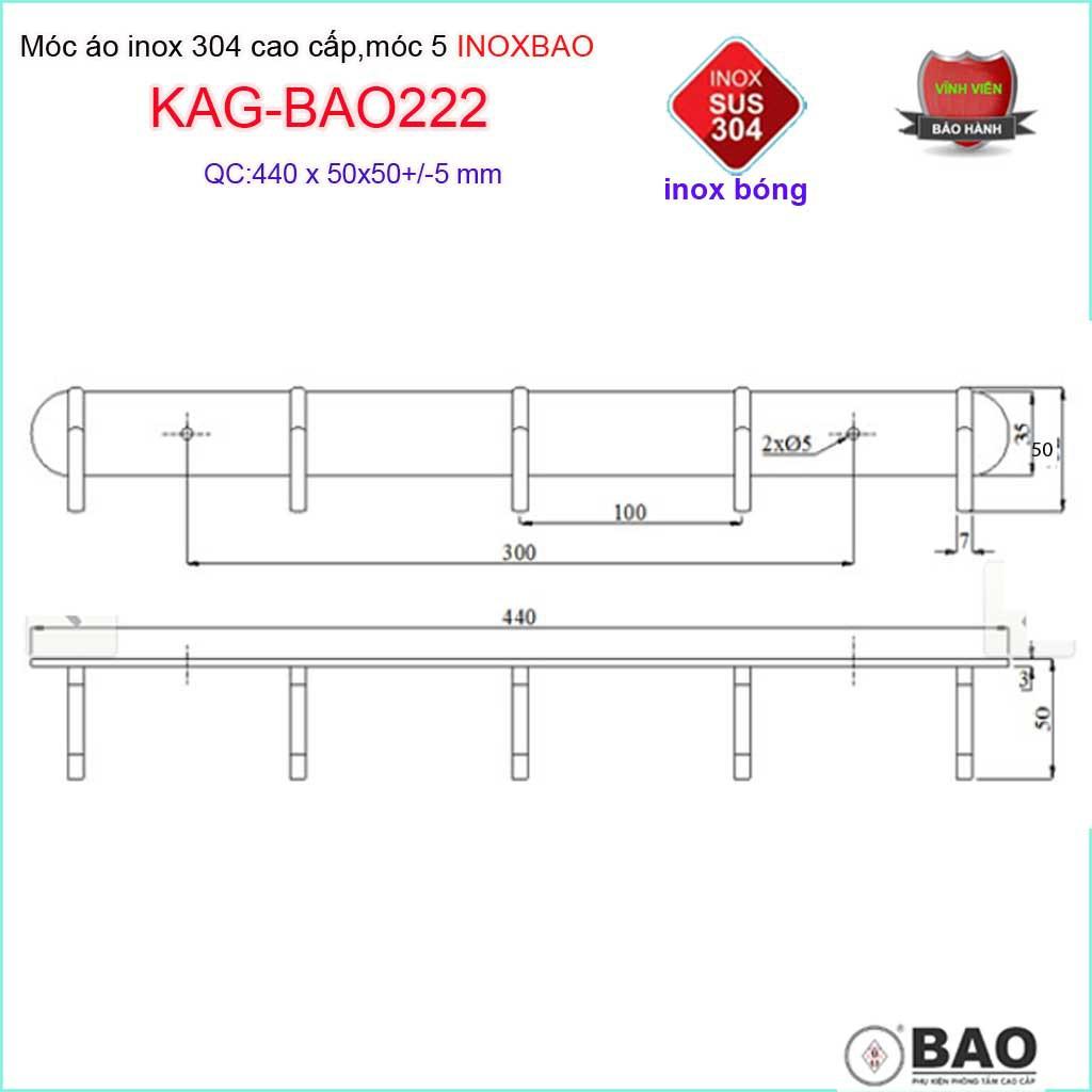 Móc 5 Inox Bảo KAG-BAO222, móc áo phòng tắm SUS304 hộp đúc vuông sang trọng thiết kế tin tế đến từng chi tiết