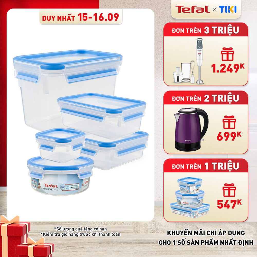 Bộ 5 hộp bảo quản thực phẩm nhựa BBA free, Tefal Masterseal Fresh, sản xuất tại Đức (850ml, 200ml, 850ml, 1000ml, 1100ml) - Hàng chính hãng