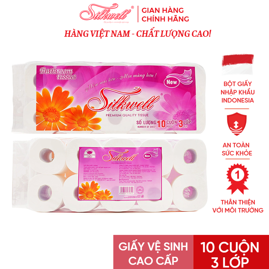 Giấy vệ sinh Silkwell Tím 10 cuộn 3 lớp có lõi cao cấp, giấy vệ sinh siêu mềm mịn không tẩy trắng hàng chính hãng