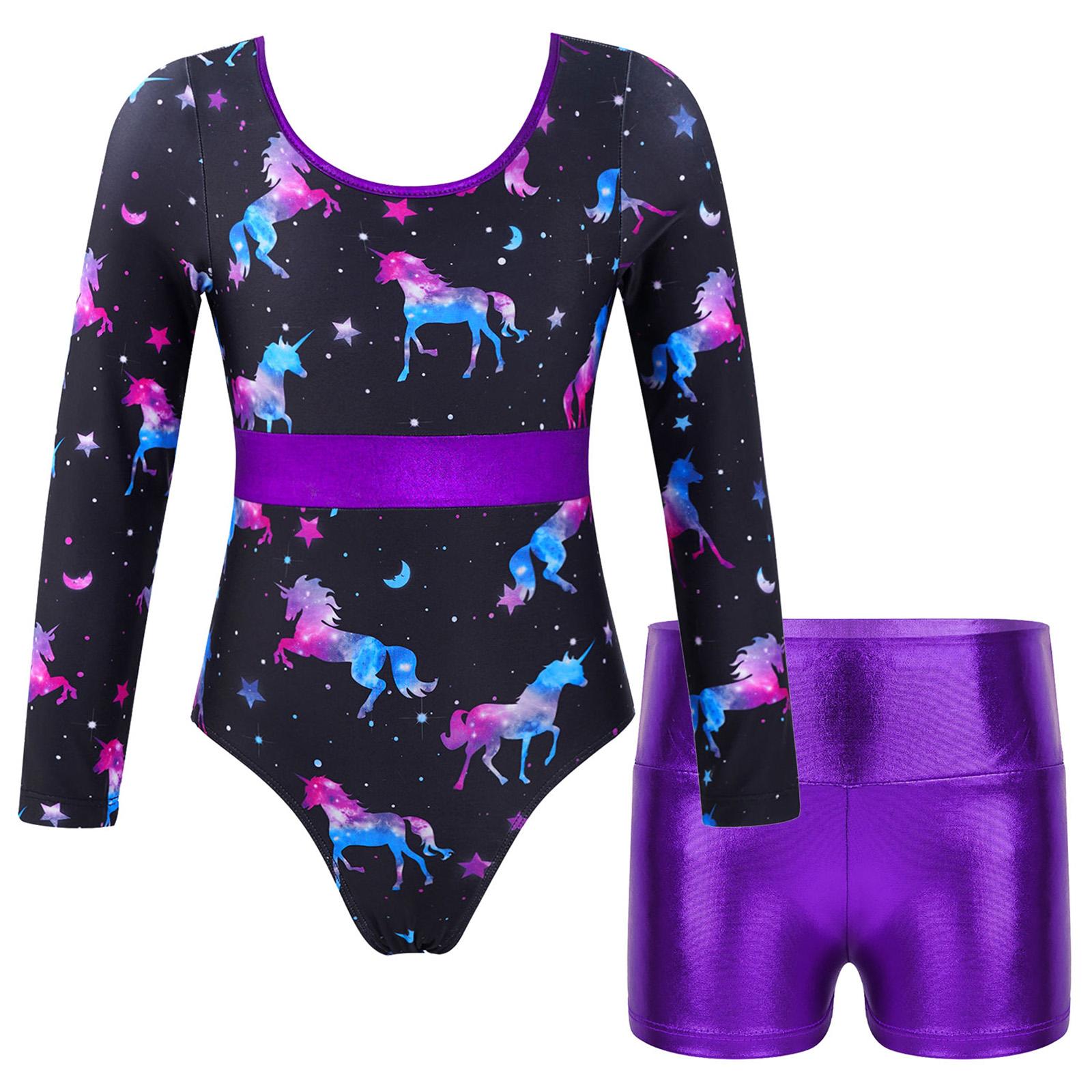 Trẻ em nữ dài tay áo in leotard kim loại quần short cho tập luyện múa ba lê trang phục khiêu vũ trẻ em Jumpsuit Color: Purple Size: 14