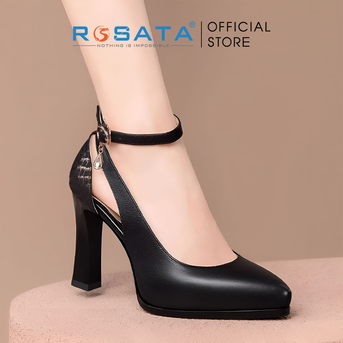 Giày nữ quai cài họa tiết sau gót ROSATA RO616 - 8p - Đen,Trắng - HÀNG VIỆT NAM - BKSTORE