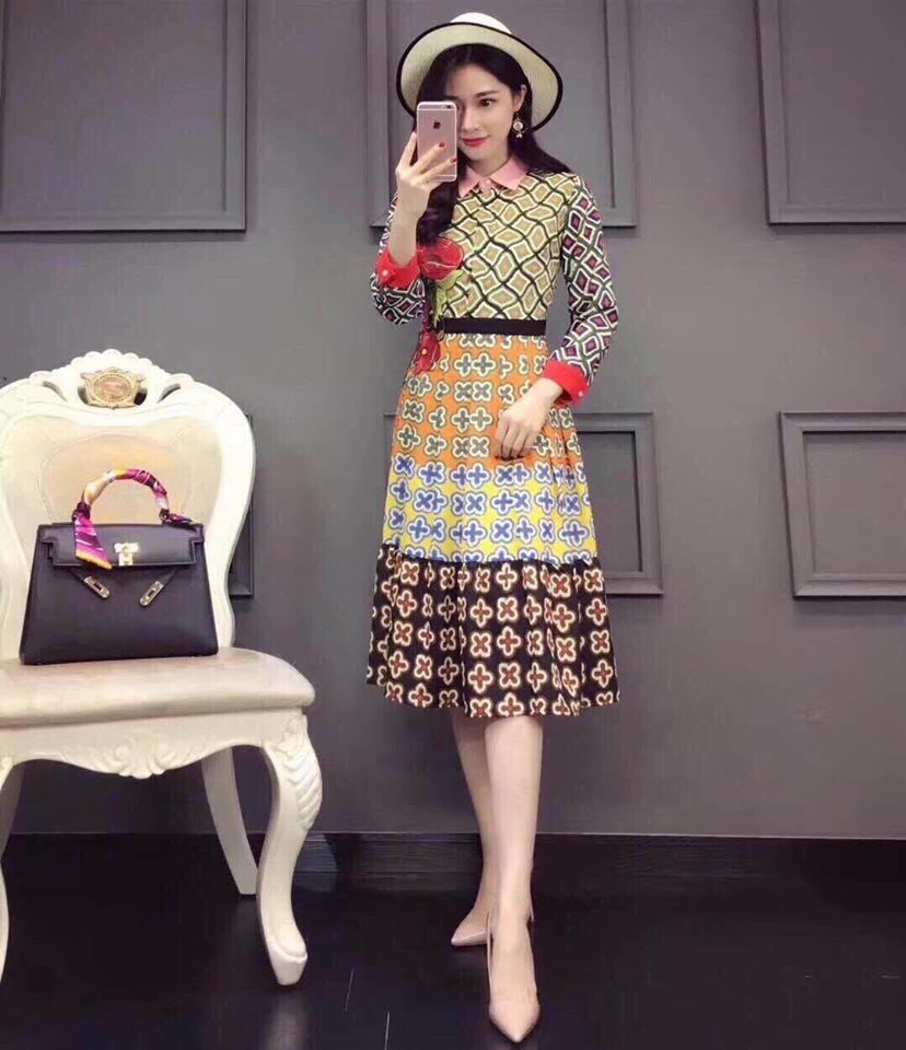 Đầm xòe sơ mi lụa tay dài họa tiết vintage - VN212201