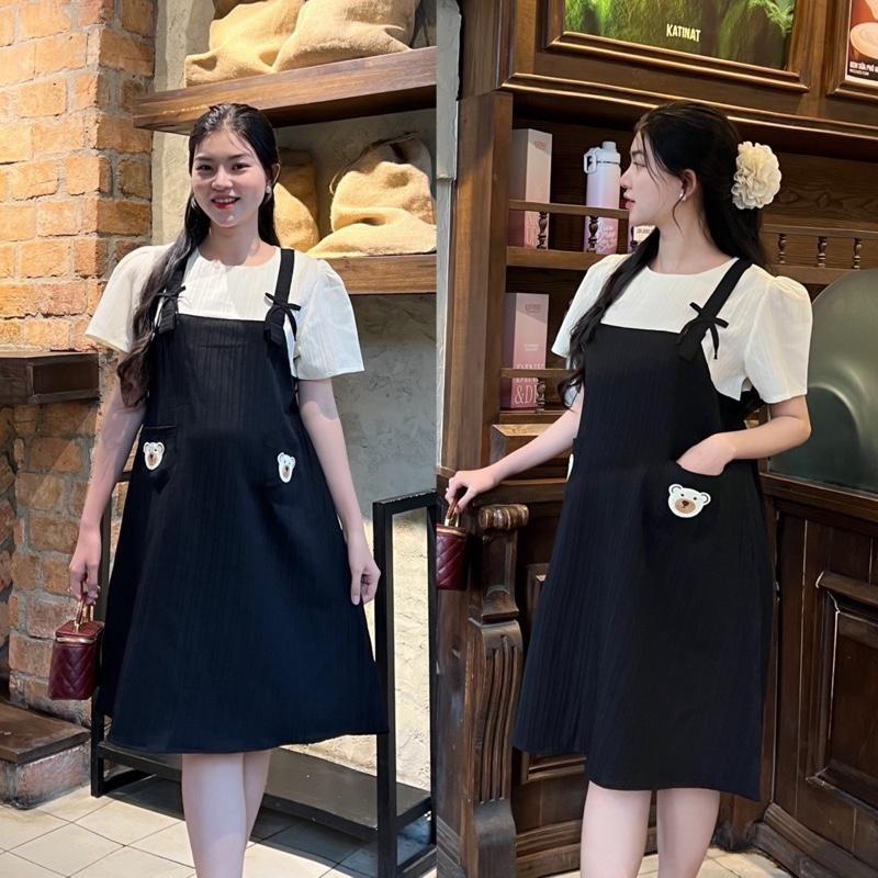 Đầm bầu yếm liền phối túi dễ thương xinh xắn, đầm bầu xinh sang chảnh đi làm đi chơi đều xinh - Nâu
