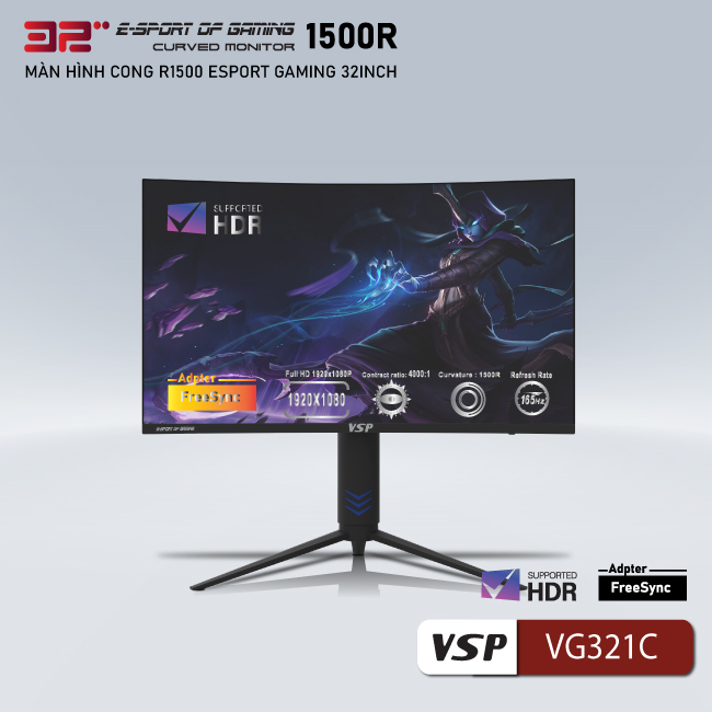 Màn hình Cong Gaming 32inch VSP VG321C (FHD,VA,165Hz,4ms,400nits,HDMI,DP) - Hàng chính hãng TECH VISION phân phối