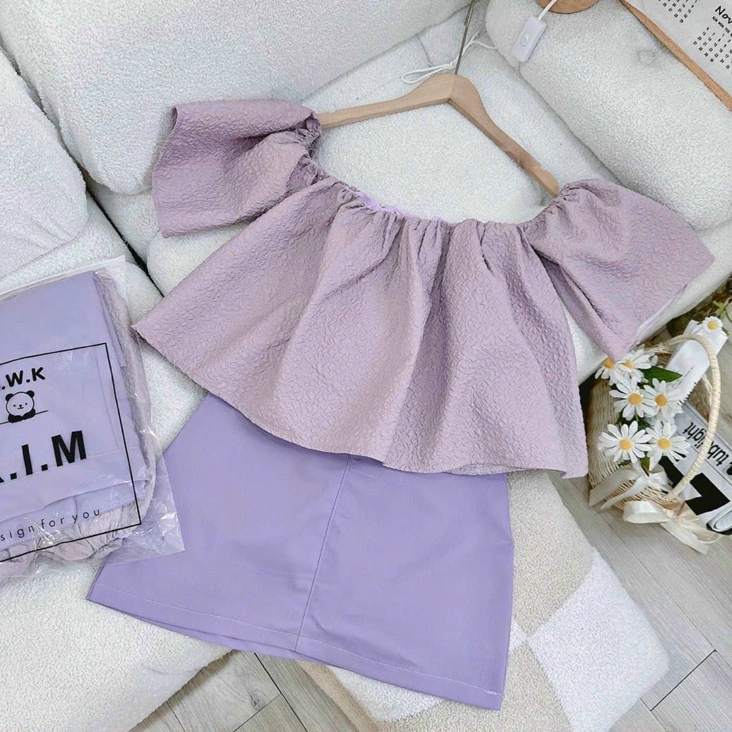 ĐẦM SET ÁO CROPTOP TRỄ VAI CỔ U TAY NGẮN BỒNG PASTEL TRƠN+ CHÂN VÁY NGẮN SUÔNG TRƠN CHỮ A TÍM QUẦN VÁY DẠO PHỐ DỰ TIỆC CÔNG SỞ ĐI BIỂN